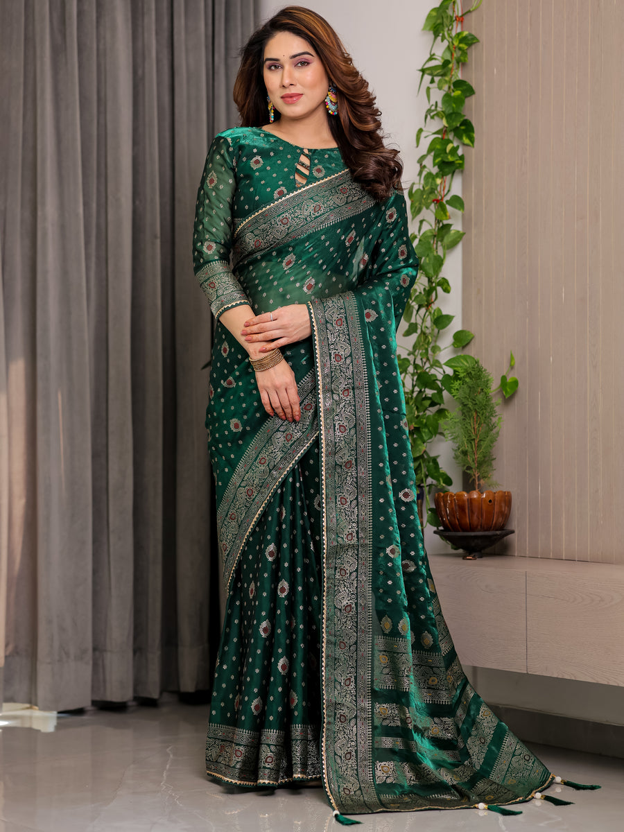 Pastel Green Fendy Chiffon Saree with Foil & Block Prints, Pearl Lace & Tassel Edges