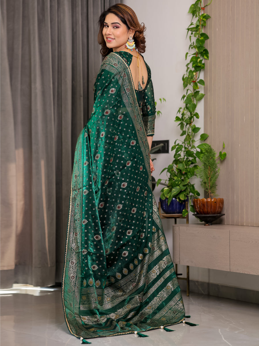 Pastel Green Fendy Chiffon Saree with Foil & Block Prints, Pearl Lace & Tassel Edges
