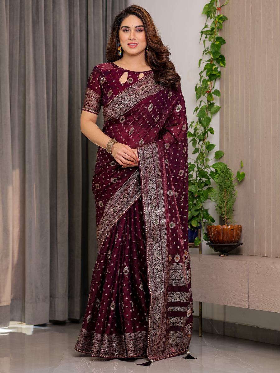 Pastel Green Fendy Chiffon Saree with Foil & Block Prints, Pearl Lace & Tassel Edges
