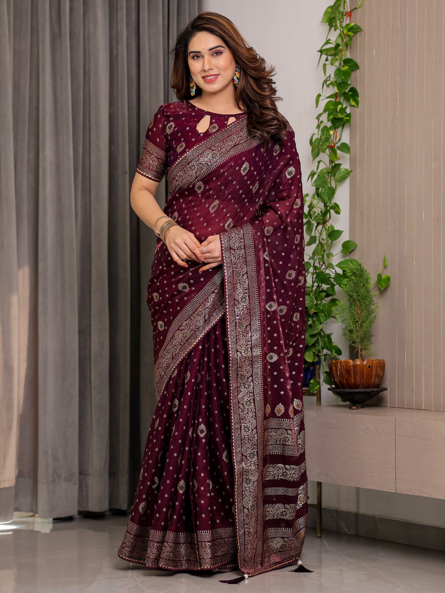 Wine Maroon Fendi Satin Block & Foil Printed Saree with Traditional Butti Motifs, Tassel Edges & Attached Blouse