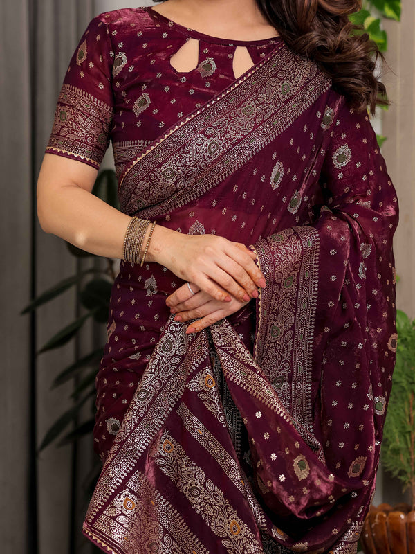 Wine Maroon Fendi Satin Block & Foil Printed Saree with Traditional Butti Motifs, Tassel Edges & Attached Blouse