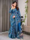 Royal Blue Cotton Linen Saree with Nature-Inspired Print, Zari Border & Tassels | With Blouse