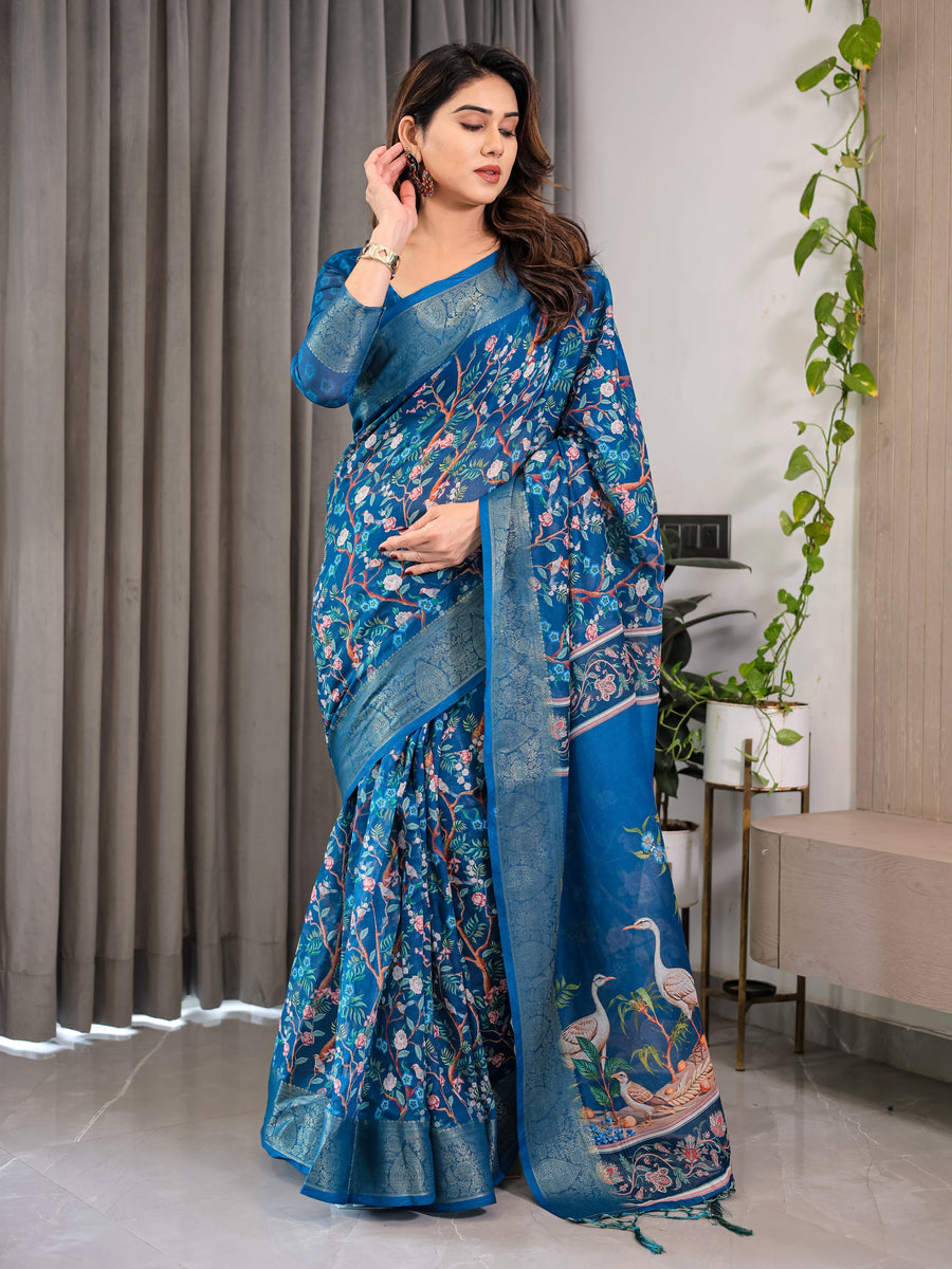 Royal Blue Cotton Linen Saree with Nature-Inspired Print, Zari Border & Tassels | With Blouse