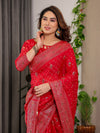 Classic Red Fendi Satin Block & Foil Printed Saree with Traditional Butti Motifs, Tassel Edges & Attached Blouse