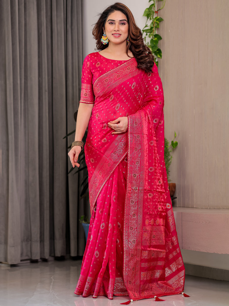 Pastel Green Fendy Chiffon Saree with Foil & Block Prints, Pearl Lace & Tassel Edges