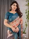 Off-White Cotton Linen Saree with Teal Zari Border & Multicolor Floral Mandala Print | With Blouse Piece