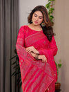 Rani Pink Fendi Satin Block & Foil Printed Saree with Traditional Butti Motifs, Tassel Edges & Attached Blouse