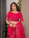 Rani Pink Fendi Satin Block & Foil Printed Saree with Traditional Butti Motifs, Tassel Edges & Attached Blouse