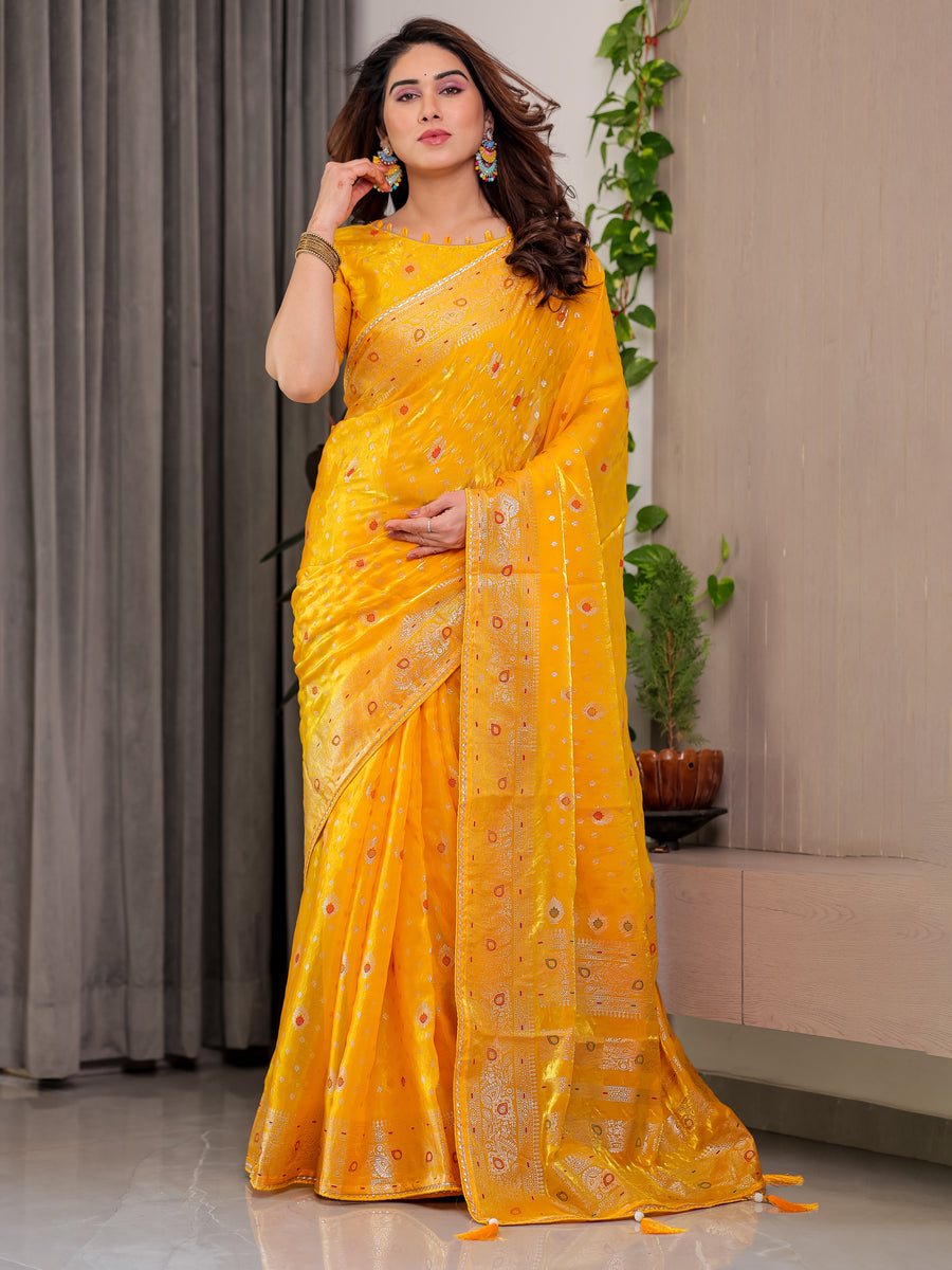 Pastel Green Fendy Chiffon Saree with Foil & Block Prints, Pearl Lace & Tassel Edges