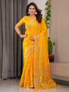 Mustard Yellow Fendi Satin Block & Foil Printed Saree with Traditional Butti Motifs, Tassel Edges & Attached Blouse