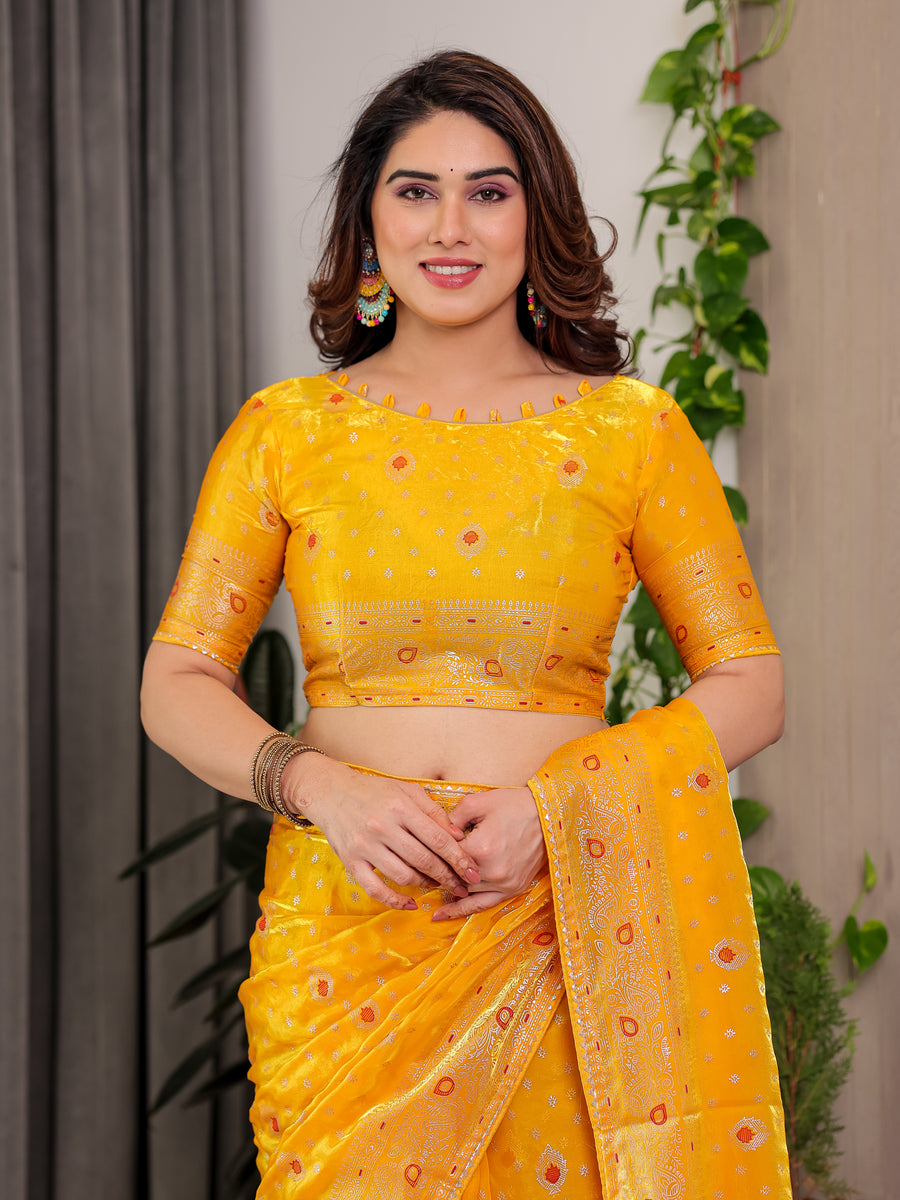 Pastel Green Fendy Chiffon Saree with Foil & Block Prints, Pearl Lace & Tassel Edges