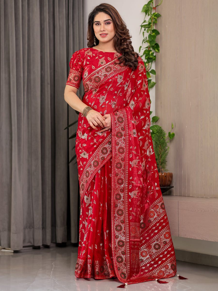 Blush Pink Fendy Chiffon Saree with Foil & Block Prints, Pearl Lace Border & Tassels