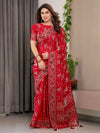 Crimson Red Fendi Satin Floral Block & Foil Printed Saree with Ornamental Border, Tassel Edges & Attached Blouse