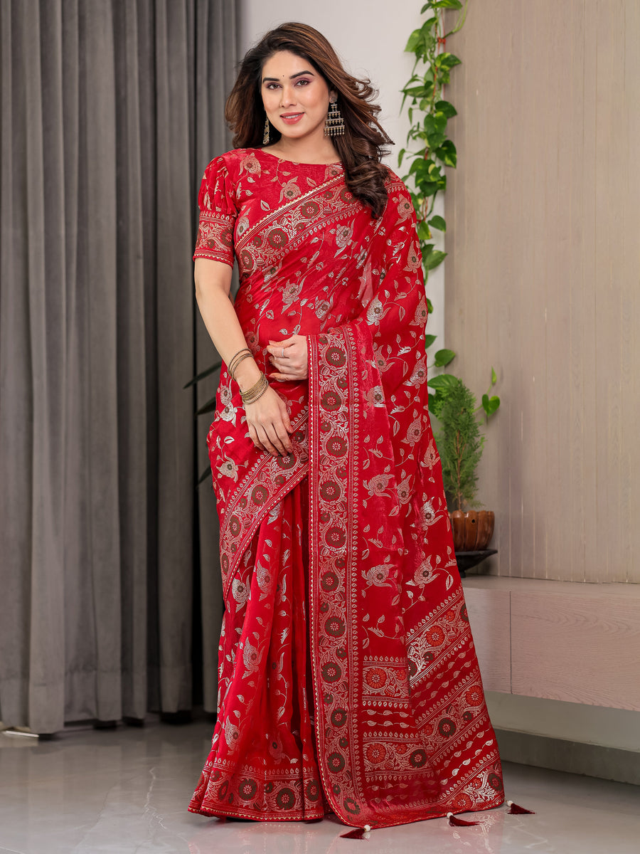 Crimson Red Fendi Satin Floral Block & Foil Printed Saree with Ornamental Border, Tassel Edges & Attached Blouse