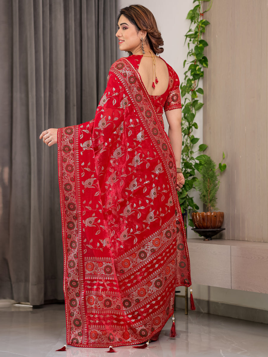 Blush Pink Fendy Chiffon Saree with Foil & Block Prints, Pearl Lace Border & Tassels