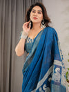 Indigo Blue Cotton Linen Saree with White Peacock Print & Zari Border | Ethnic Wear with Blouse Piece