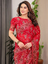 Crimson Red Fendi Satin Floral Block & Foil Printed Saree with Ornamental Border, Tassel Edges & Attached Blouse