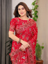 Crimson Red Fendi Satin Floral Block & Foil Printed Saree with Ornamental Border, Tassel Edges & Attached Blouse