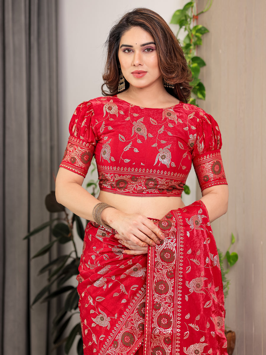 Blush Pink Fendy Chiffon Saree with Foil & Block Prints, Pearl Lace Border & Tassels