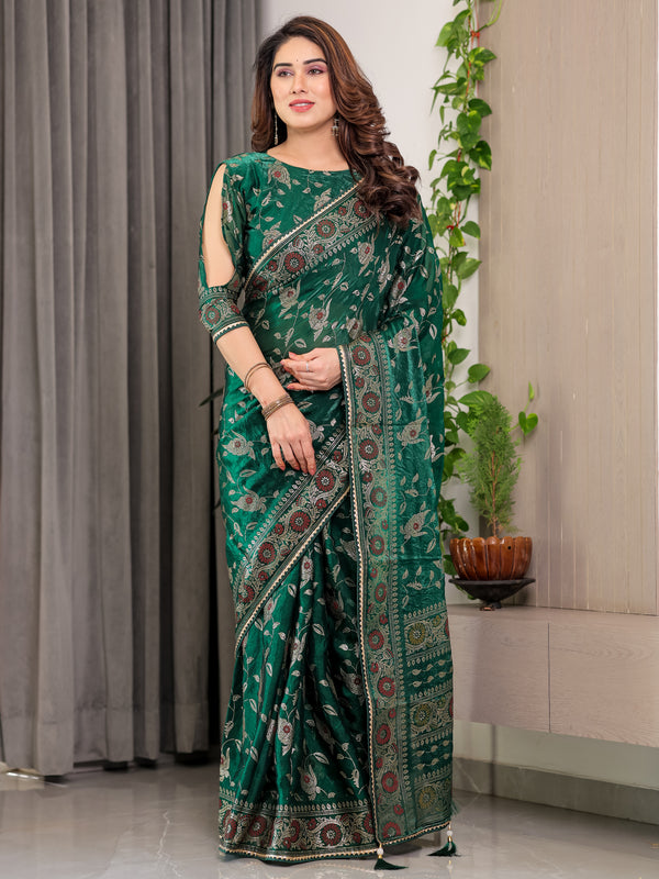 Blush Pink Fendy Chiffon Saree with Foil & Block Prints, Pearl Lace Border & Tassels