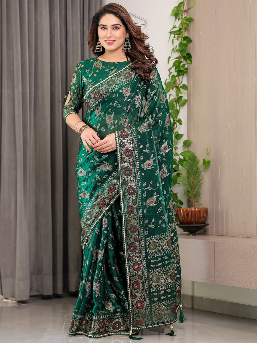 Emerald Green Fendi Satin Floral Block & Foil Printed Saree with Ornamental Border, Tassel Edges & Attached Blouse