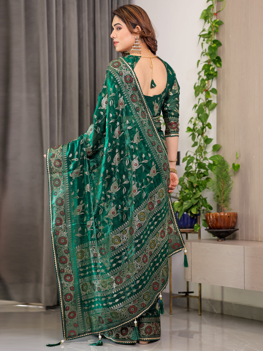 Blush Pink Fendy Chiffon Saree with Foil & Block Prints, Pearl Lace Border & Tassels