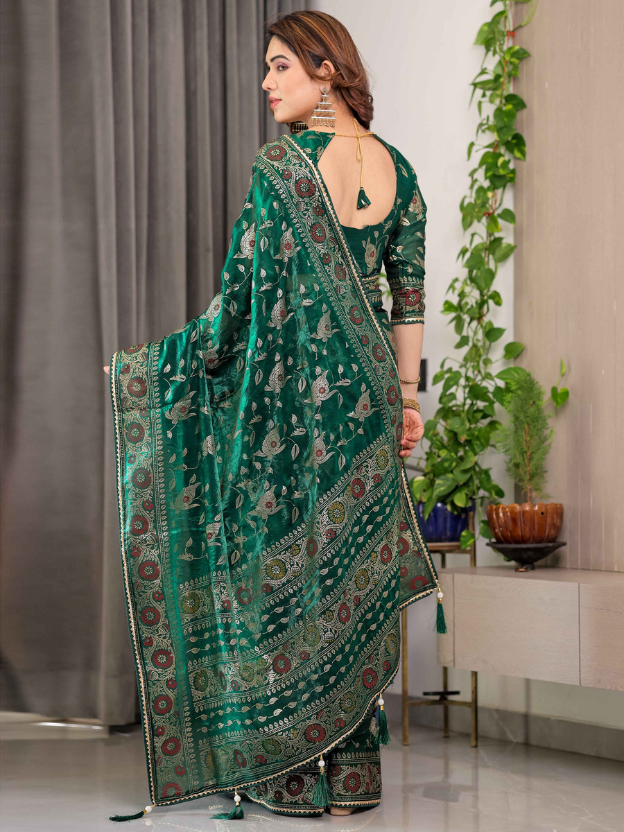 Emerald Green Fendi Satin Floral Block & Foil Printed Saree with Ornamental Border, Tassel Edges & Attached Blouse