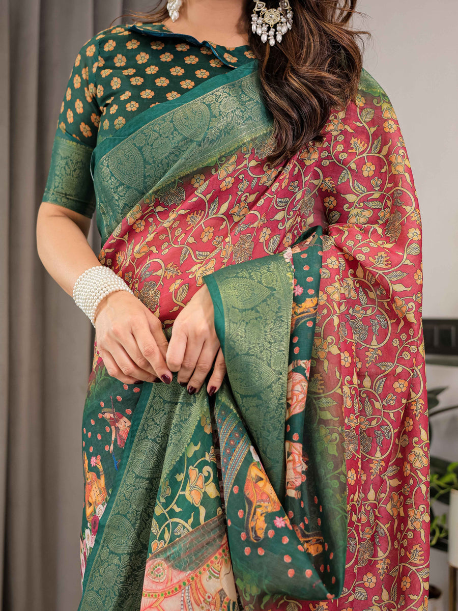 Maroon-Green Cotton Linen Saree with Floral Zari Work & Royal Procession Pallu | With Blouse Piece