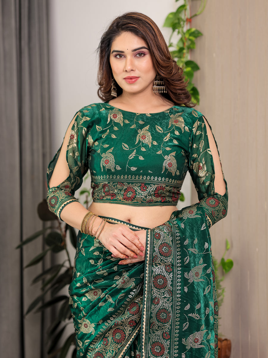 Blush Pink Fendy Chiffon Saree with Foil & Block Prints, Pearl Lace Border & Tassels