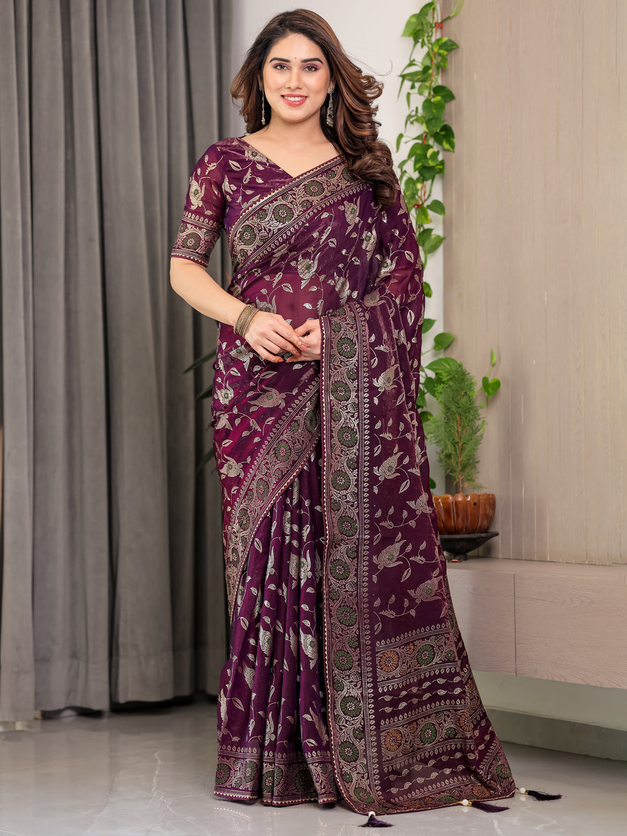 Blush Pink Fendy Chiffon Saree with Foil & Block Prints, Pearl Lace Border & Tassels