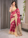Blush Pink & Beige Cotton Linen Saree with Woven Lotus Motifs & Golden Zari Border | With Blouse Piece