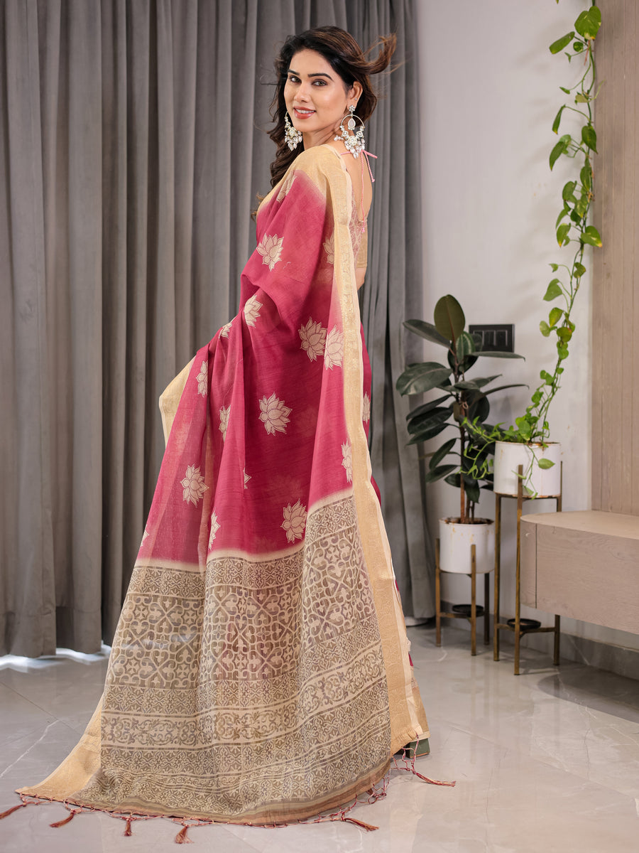 Blush Pink & Beige Cotton Linen Saree with Woven Lotus Motifs & Golden Zari Border | With Blouse Piece
