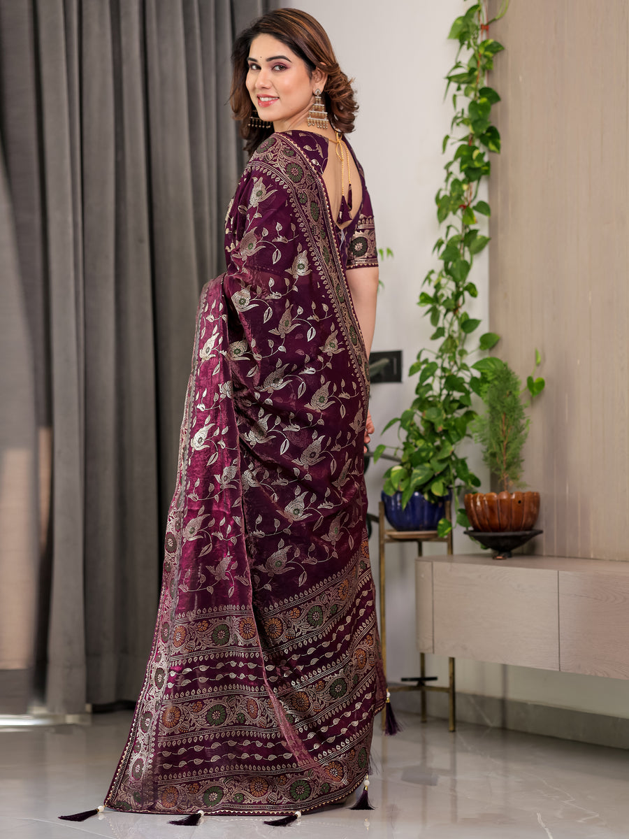 Blush Pink Fendy Chiffon Saree with Foil & Block Prints, Pearl Lace Border & Tassels
