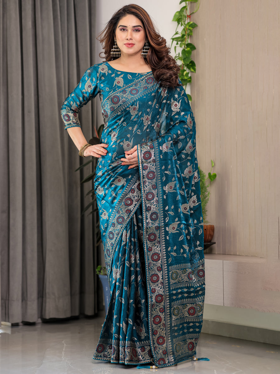 Blush Pink Fendy Chiffon Saree with Foil & Block Prints, Pearl Lace Border & Tassels