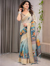 Cream & Teal Cotton Linen Saree with Zari Border & Royal Procession Digital Print | With Blouse Piece