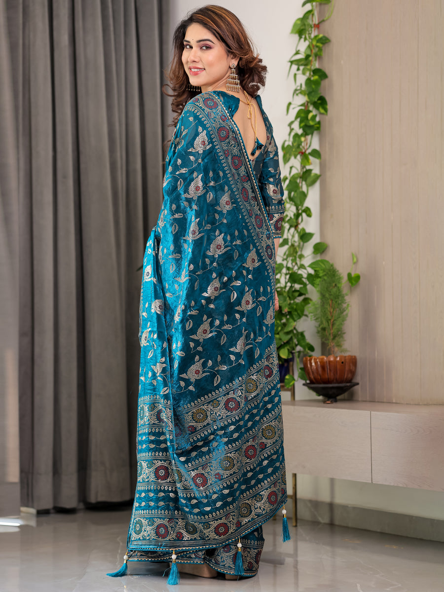 Blush Pink Fendy Chiffon Saree with Foil & Block Prints, Pearl Lace Border & Tassels