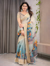 Cream & Teal Cotton Linen Saree with Zari Border & Royal Procession Digital Print | With Blouse Piece