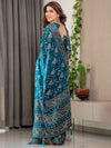 Peacock Blue Fendi Satin Floral Block & Foil Printed Saree with Ornamental Border, Tassel Edges & Attached Blouse