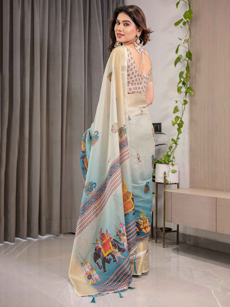 Cream & Teal Cotton Linen Saree with Zari Border & Royal Procession Digital Print | With Blouse Piece