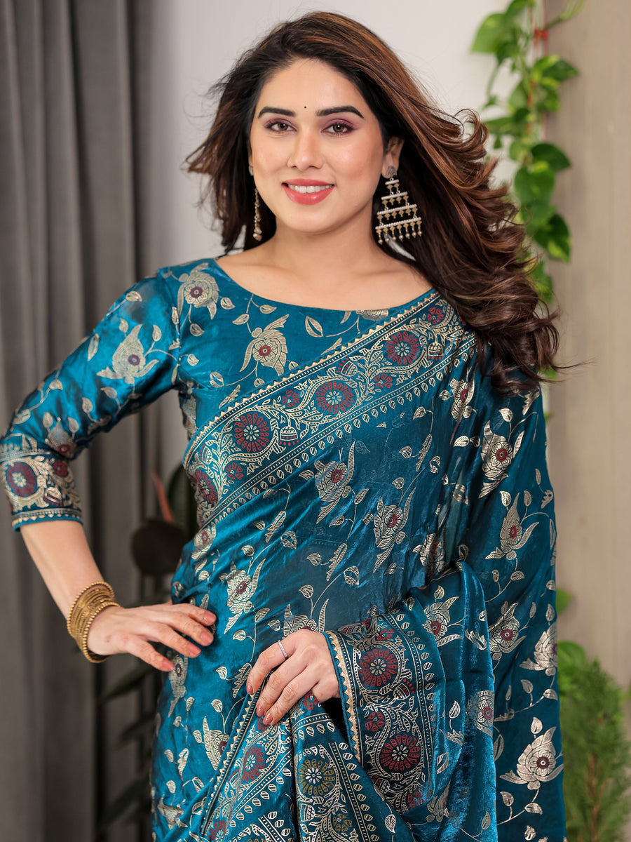 Peacock Blue Fendi Satin Floral Block & Foil Printed Saree with Ornamental Border, Tassel Edges & Attached Blouse