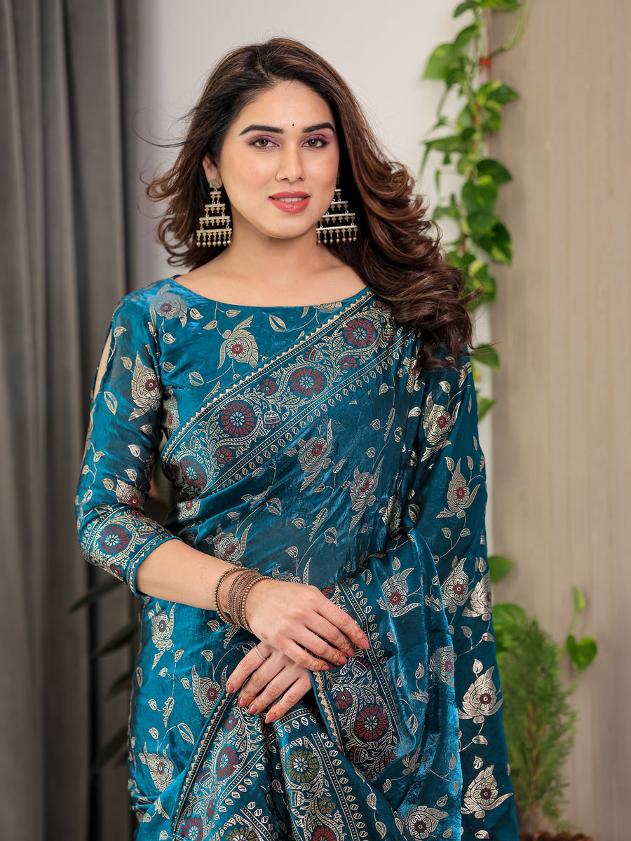 Blush Pink Fendy Chiffon Saree with Foil & Block Prints, Pearl Lace Border & Tassels