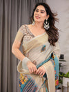Cream & Teal Cotton Linen Saree with Zari Border & Royal Procession Digital Print | With Blouse Piece