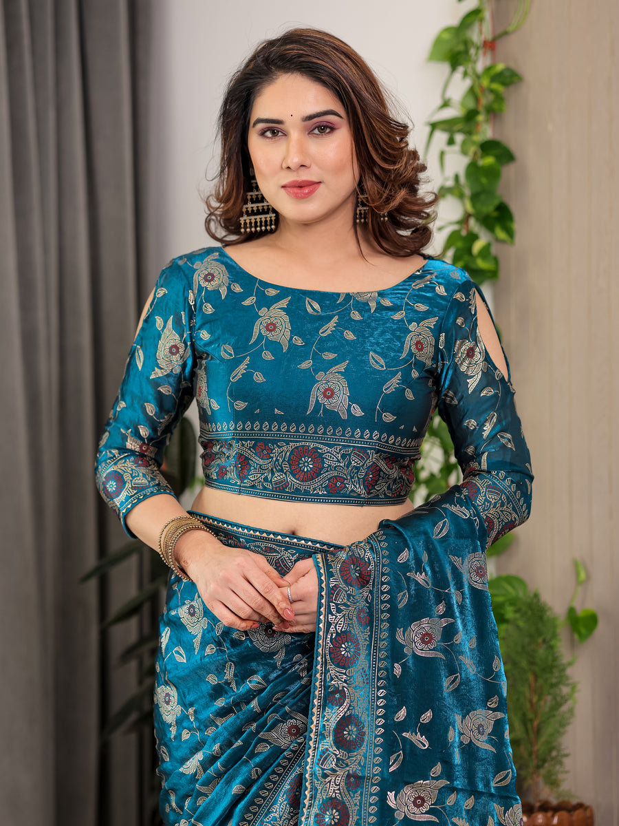 Blush Pink Fendy Chiffon Saree with Foil & Block Prints, Pearl Lace Border & Tassels