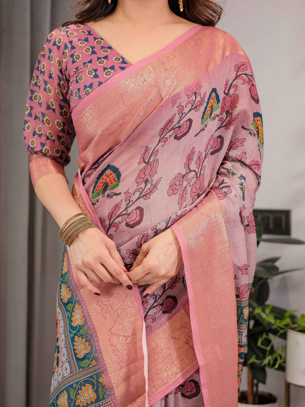 Dusty Rose Cotton Linen Saree with Floral Motifs & Radha Krishna Digital Pallu | Zari Border | With Blouse