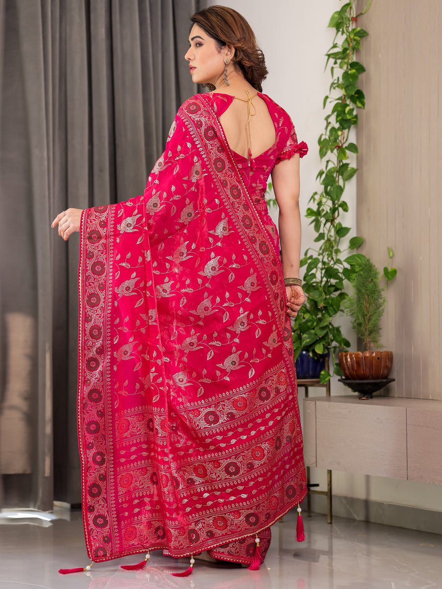 Blush Pink Fendy Chiffon Saree with Foil & Block Prints, Pearl Lace Border & Tassels
