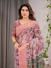 Dusty Rose Cotton Linen Saree with Floral Motifs & Radha Krishna Digital Pallu | Zari Border | With Blouse