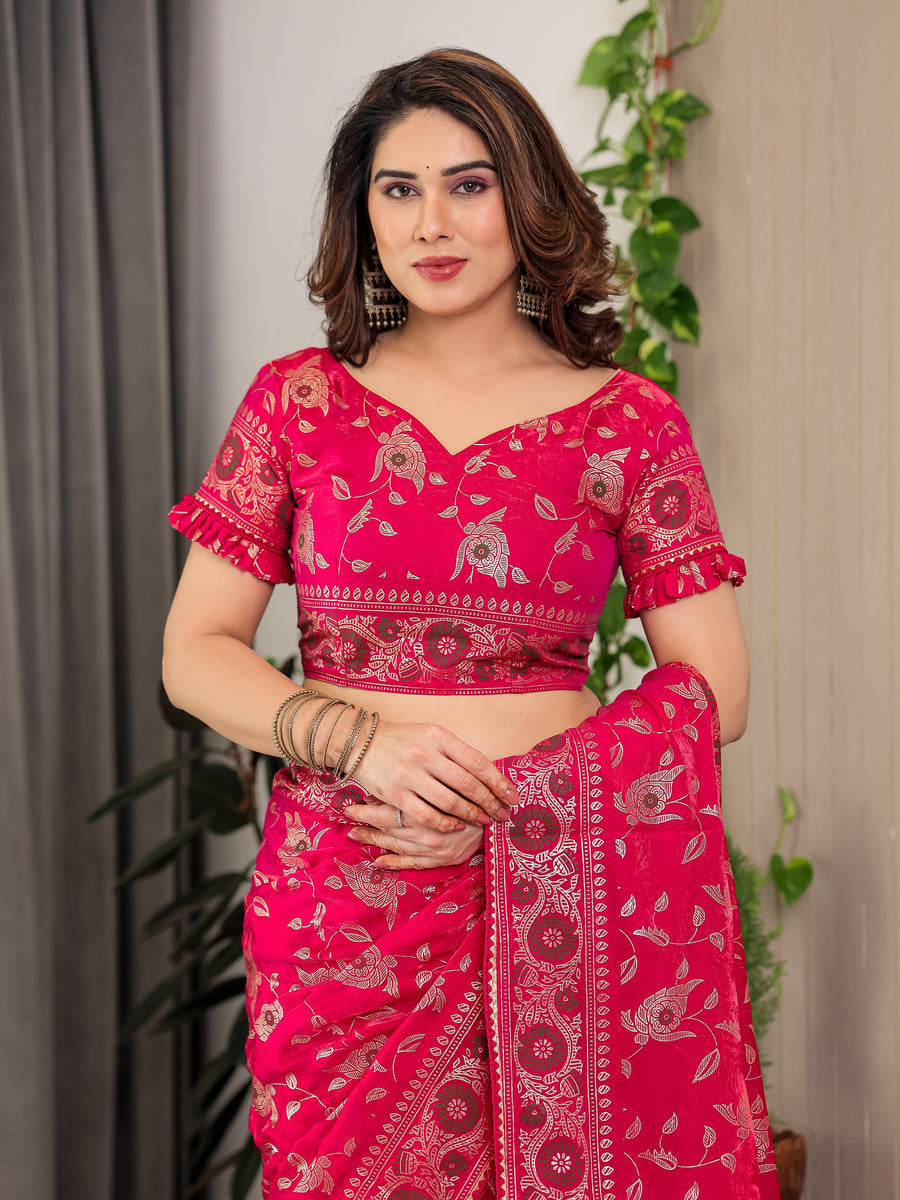 Blush Pink Fendy Chiffon Saree with Foil & Block Prints, Pearl Lace Border & Tassels