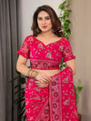 Magenta Pink Fendi Satin Floral Block & Foil Printed Saree with Ornamental Border, Tassel Edges & Attached Blouse