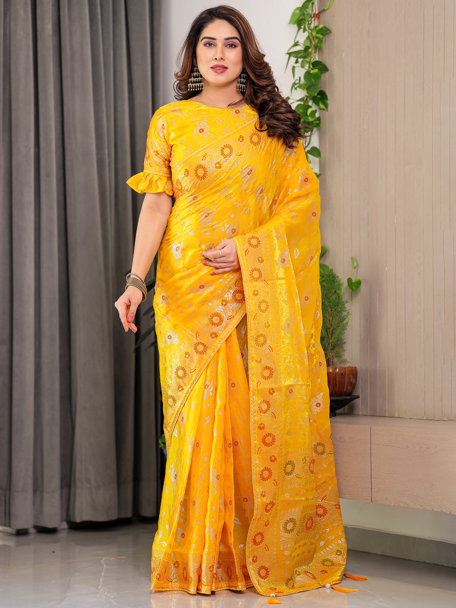 Blush Pink Fendy Chiffon Saree with Foil & Block Prints, Pearl Lace Border & Tassels