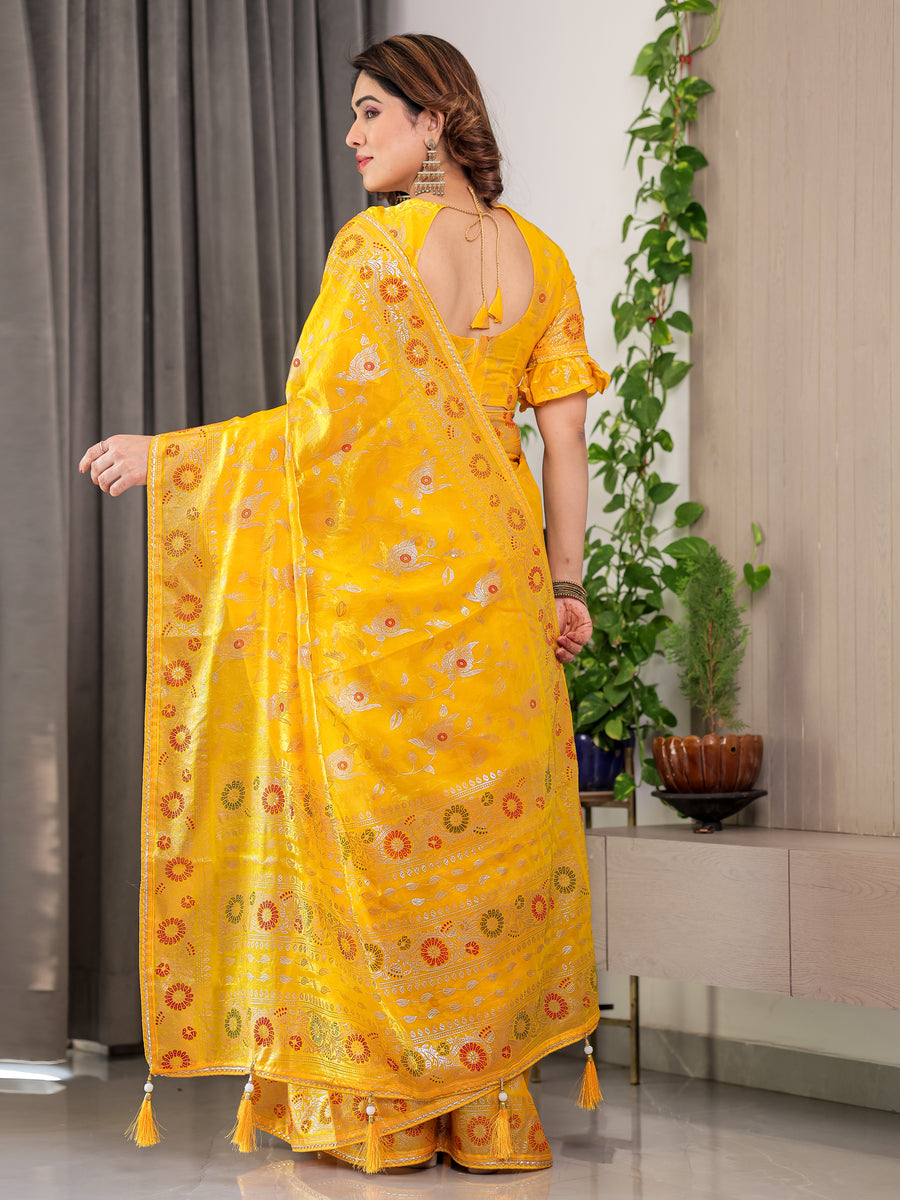 Blush Pink Fendy Chiffon Saree with Foil & Block Prints, Pearl Lace Border & Tassels